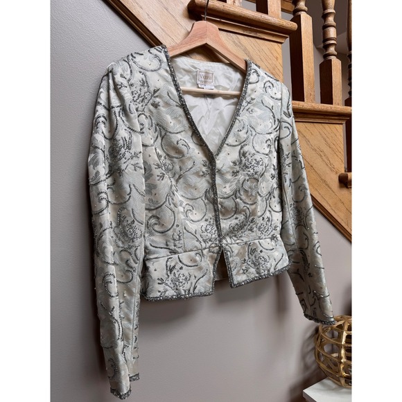 VTG Victoria Royal Ltd Hong Kong Jacket Blazer Sz 6 Silver Gray Beaded Floral - Picture 5 of 7